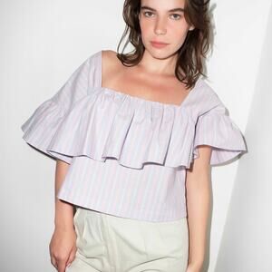 Kurt Lyle Shaela Top in Lilac Stripe Asymmetrical Ruffle Blouse size Medium